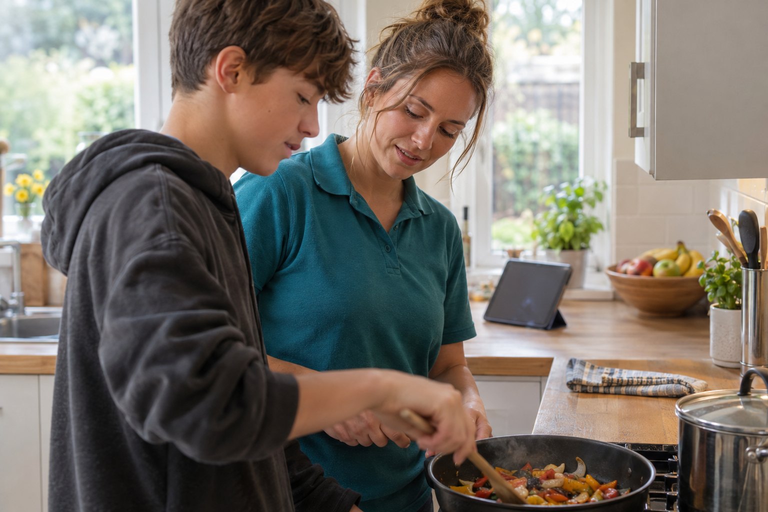 A support worker and a teenage boy cooking together at the hob in a homely kitchen