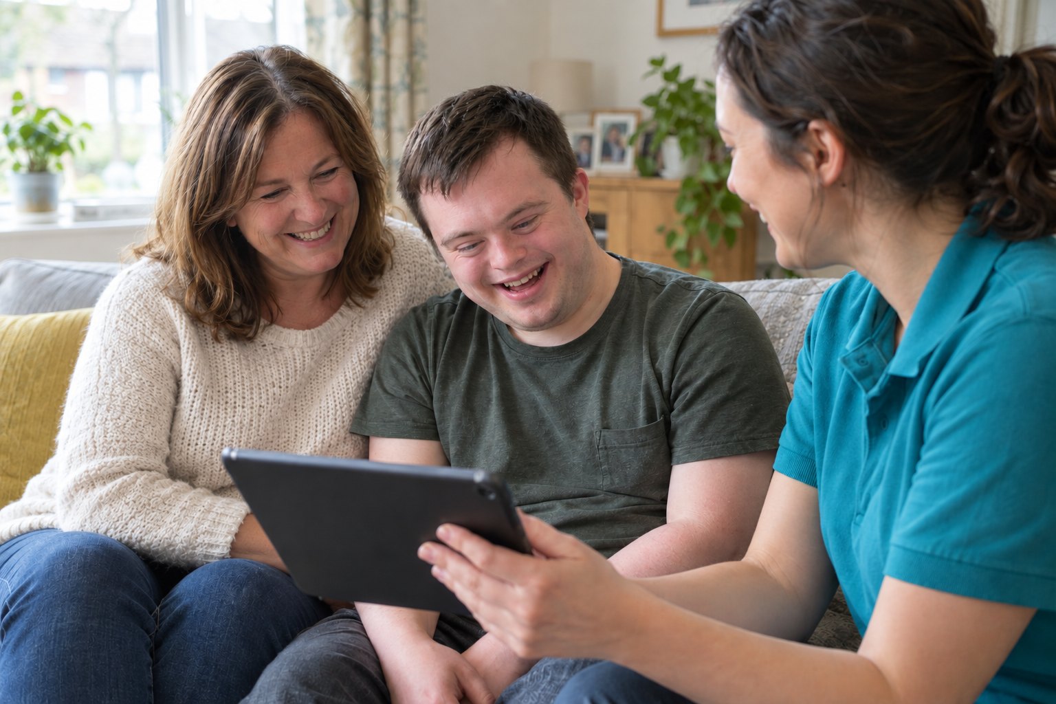 A support worker, a young man and his mother looking at a tablet together at home