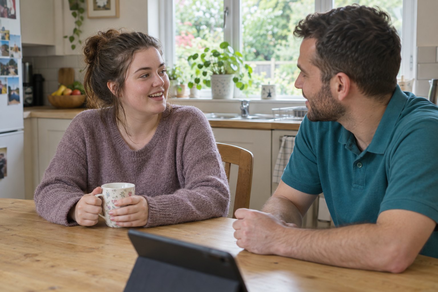 A young woman with a mug of tea talking with a support worker at a kitchen table in a supported living house
