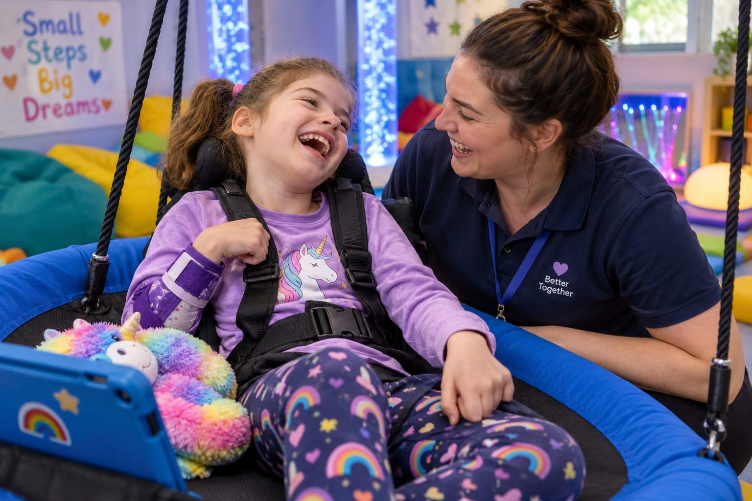 A young girl laughing on a sensory room swing with a support worker beside her